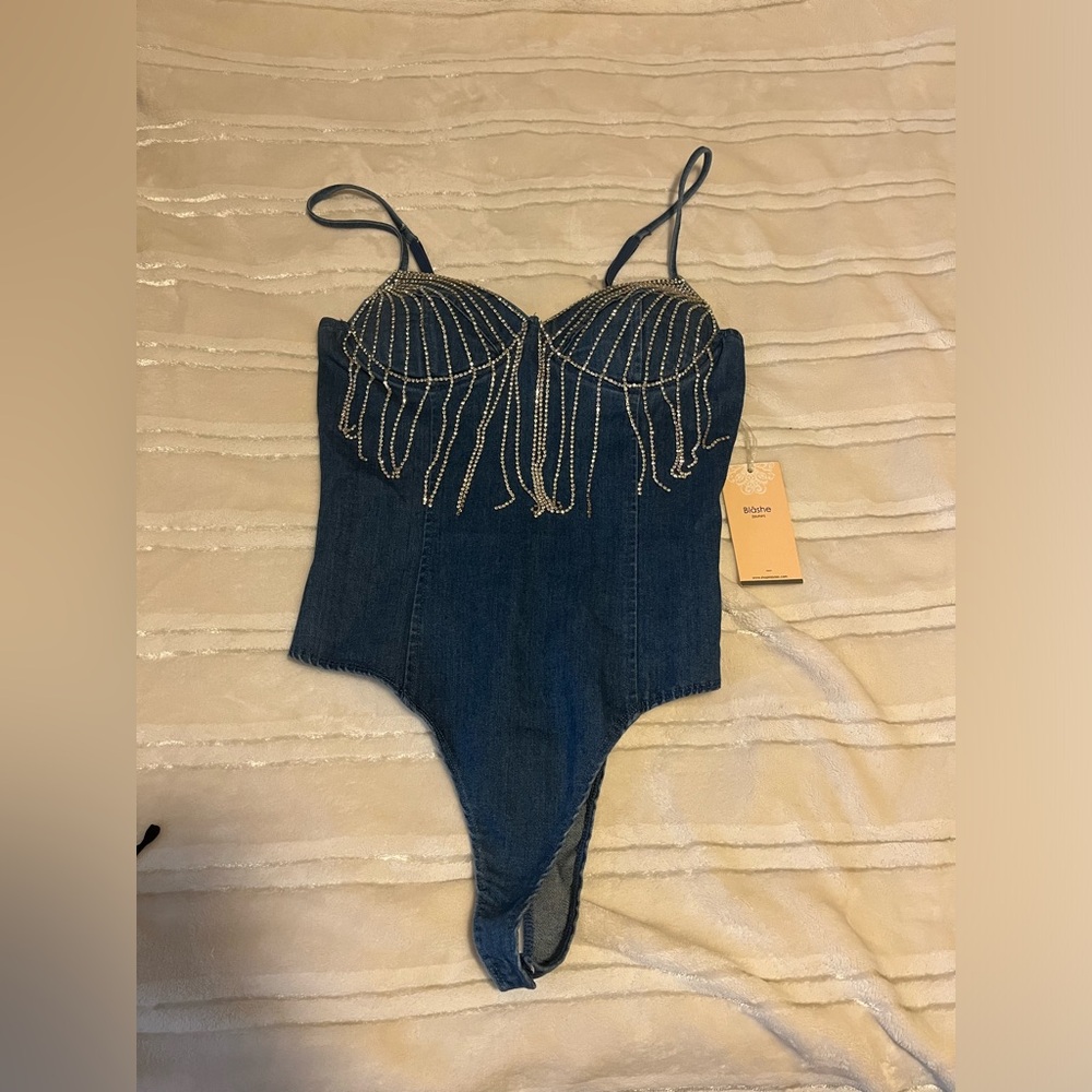 Denim rhinestone bodysuit size medium